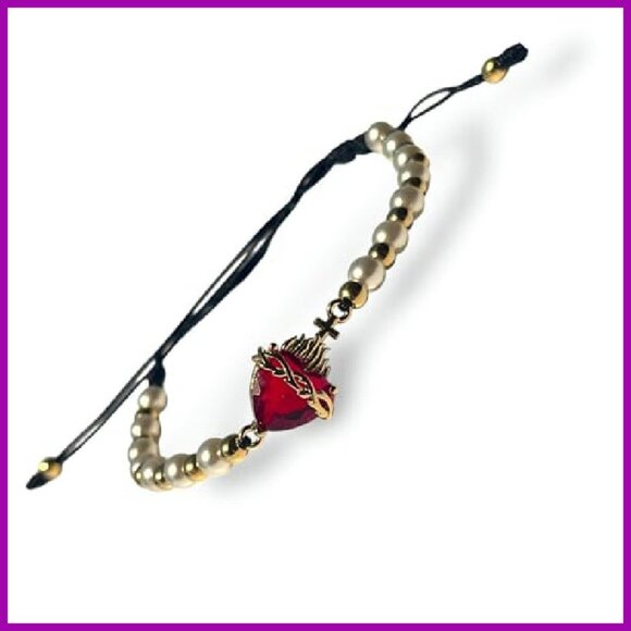 Adjustable Macrame Bracelet with Pearls Gold Beads Charm - Picture 2 of 7